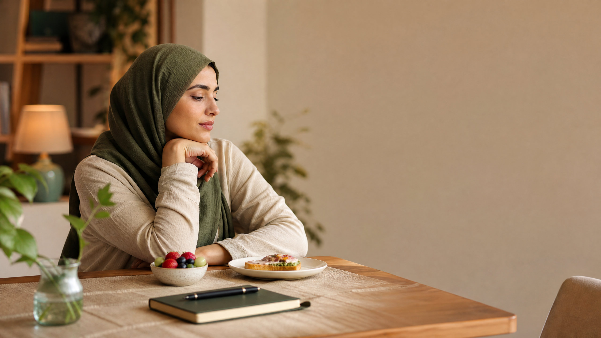 امرأة تتوقف بتأنٍ قبل تناول الطعام في مشهد يرمز للتعامل الواعي مع الأكل العاطفي.