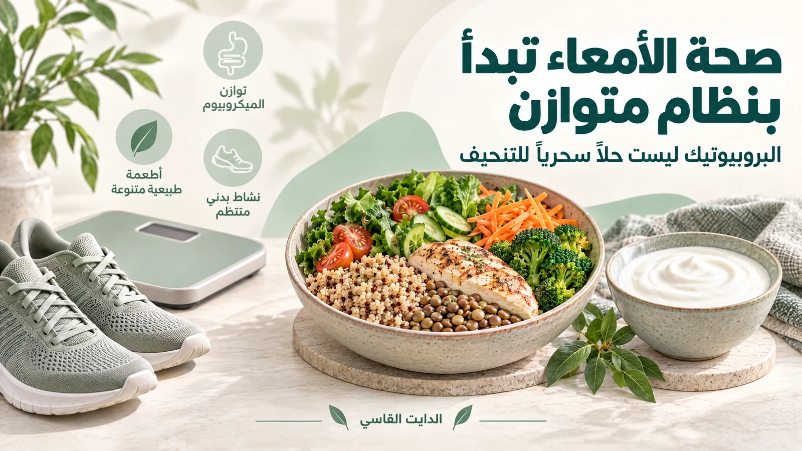 رسم أصلي لوجبة متوازنة مع الزبادي والنشاط البدني يوضح أن البروبيوتيك ليست حلاً سحرياً للتنحيف