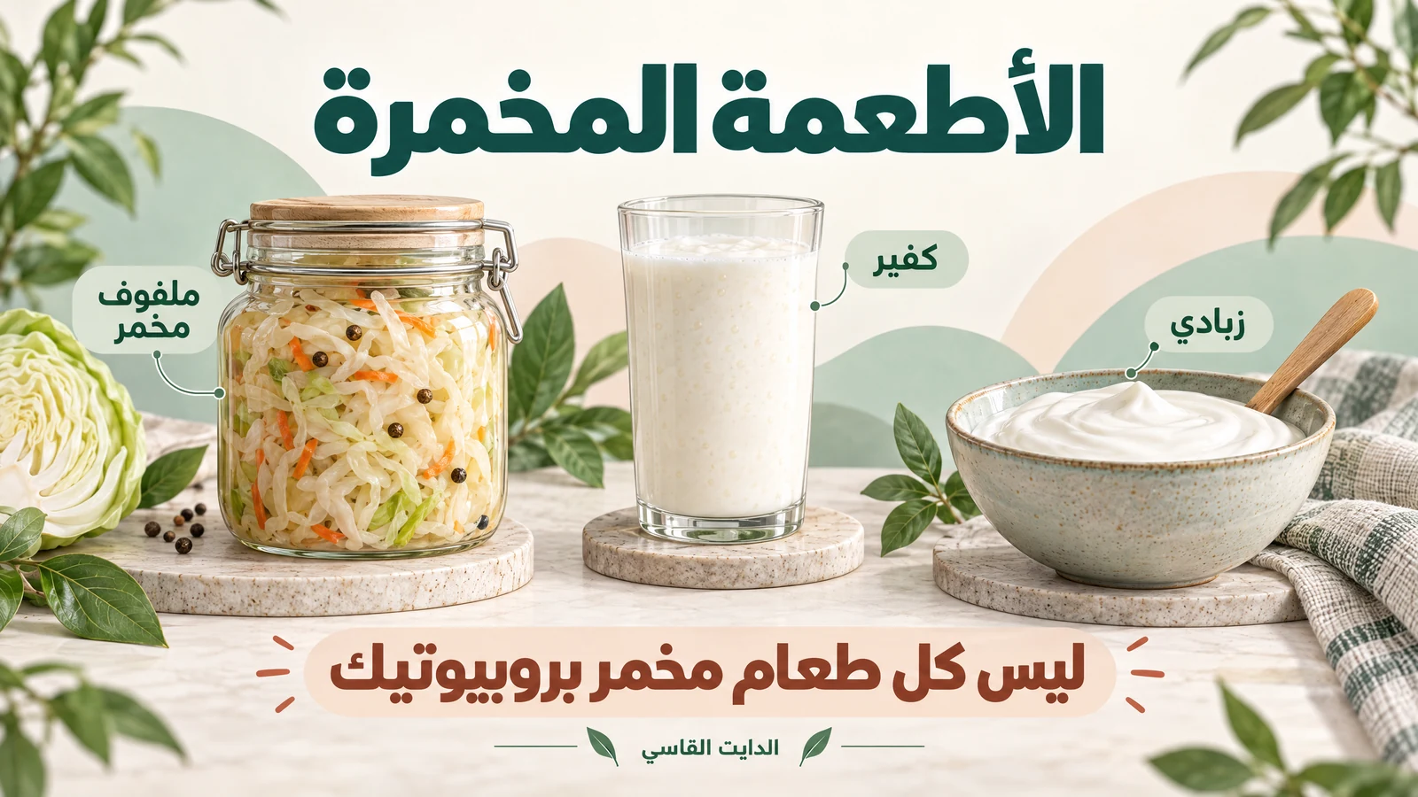 رسم عربي للزبادي والكفير والملفوف المخمر مع تنبيه إلى أن الطعام المخمر ليس دائماً بروبيوتيك