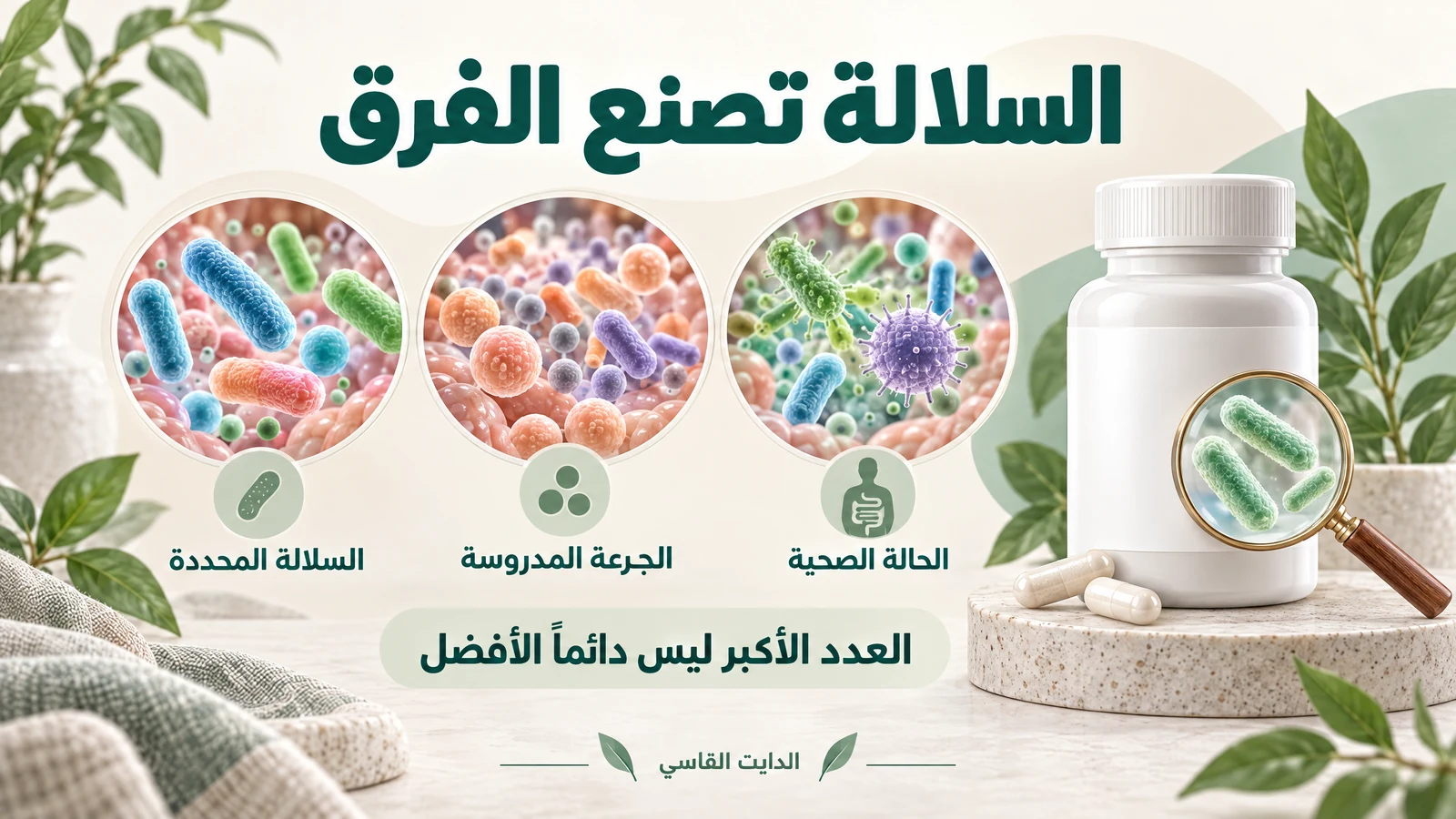 رسم يوضح أهمية السلالة المحددة والجرعة المدروسة والحالة الصحية عند اختيار البروبيوتيك