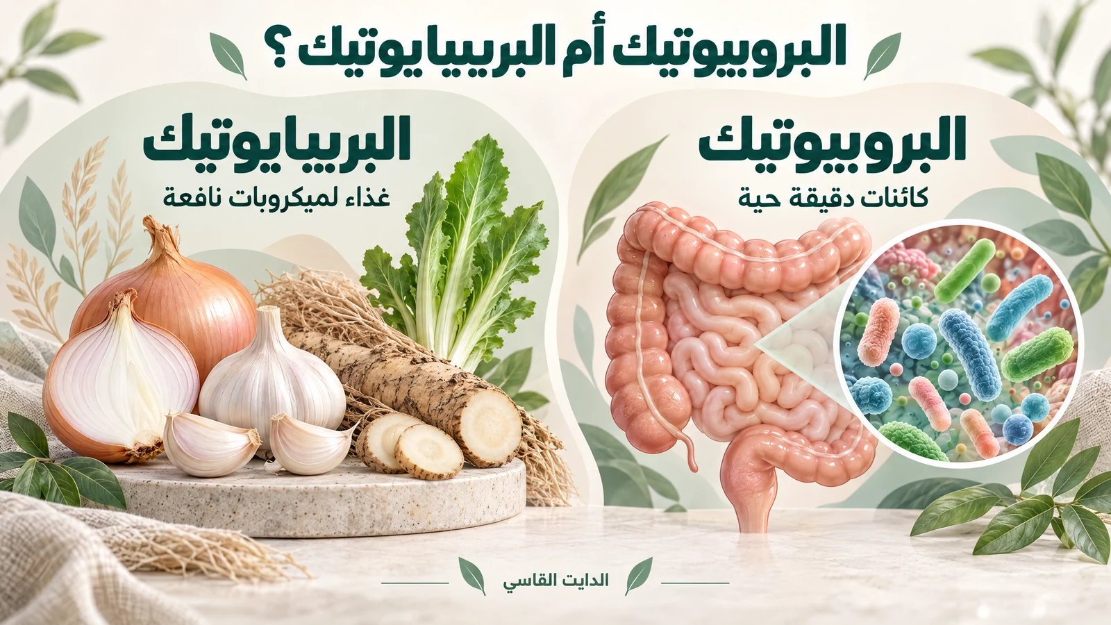 رسم عربي يقارن البروبيوتيك بوصفها كائنات دقيقة حية والبريبايوتيك بوصفها غذاء لميكروبات نافعة