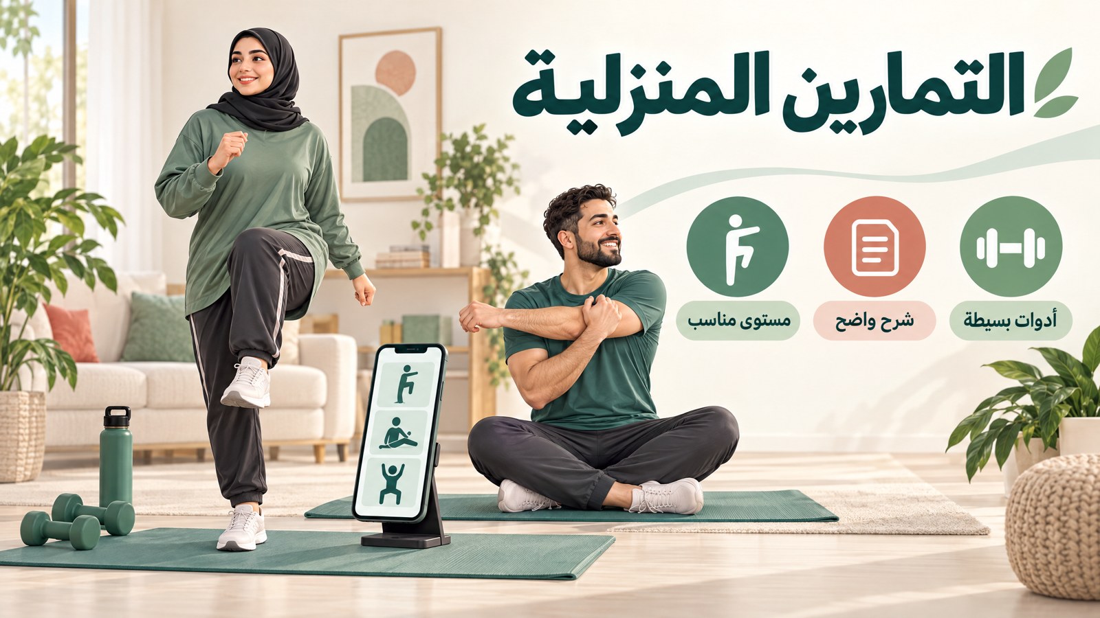 التمارين المنزلية باستخدام الهاتف وحصيرة الرياضة وأدوات بسيطة