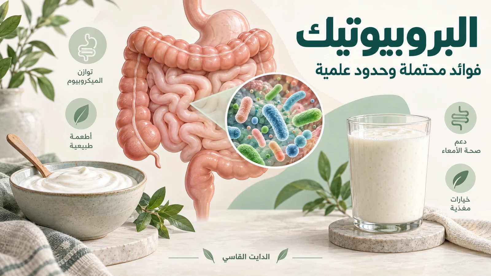رسم توضيحي أصلي للبروبيوتيك والأمعاء مع الزبادي والكفير