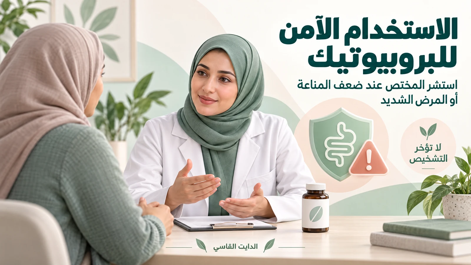 رسم أصلي لاستشارة صحية حول الاستخدام الآمن للبروبيوتيك عند ضعف المناعة أو المرض الشديد