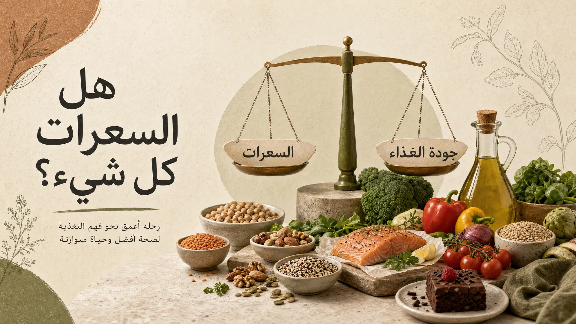 ميزان يوضح العلاقة بين السعرات وجودة الغذاء مع أطعمة كاملة ومتوازنة